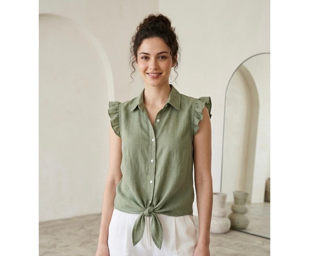 Meo Meli Sage Green 100% Linen Tie Front Ruffle Sleeve Cottagecore Blouse